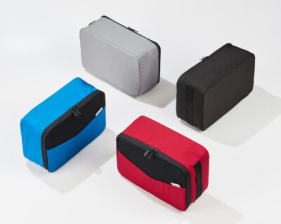 Red, blue, white and black packing cube