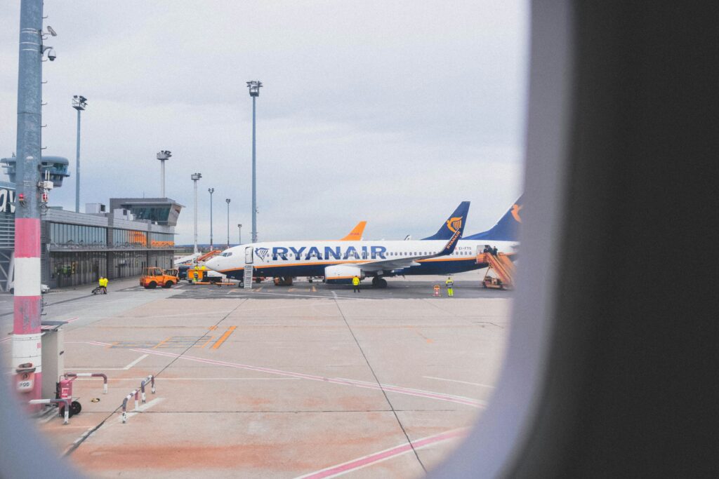 Ryanair plane, famously cheap flight airline on the tarmac waiting for boarding