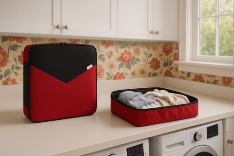 Packing cube being used to organise laundry